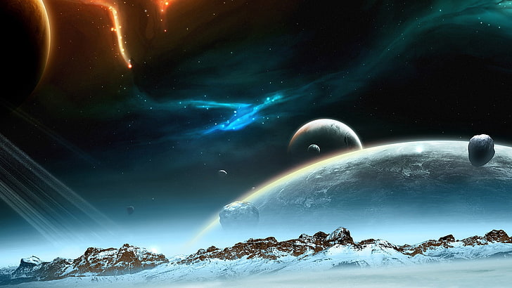 lua e estrela papel de parede digital ilustração espaço planeta planeta paisagem universo céu noturno, HD papel de parede
