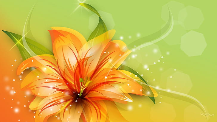 Magnificent Tiger Lily, firefox persona, orange, flower, green, glow spots, spring, tiger lily, summer, bokeh, lily, 3d and abs, HD wallpaper
