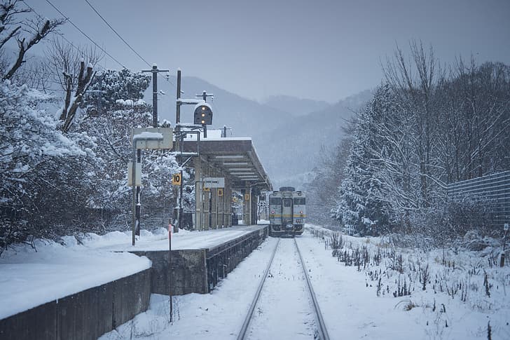 Зима, Япония, гара, влак, железопътна линия, пейзаж, HD тапет