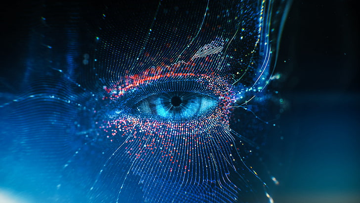 sfondo dell'occhio digitale, illustrazione dell'occhio umano sinistro, astratto, occhi, punti, arte digitale, sfocato, neon, ciano, blu, Sfondo HD