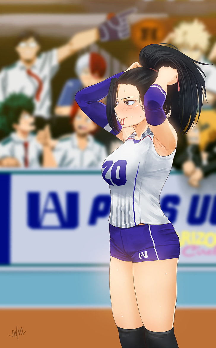 Boku no Hero Academia, Momo Yaoyorozu, volley-ball, filles anime, ornement de cheveux, anime, cheveux noirs, cheveux longs, Fond d'écran HD, fond d'écran de téléphone