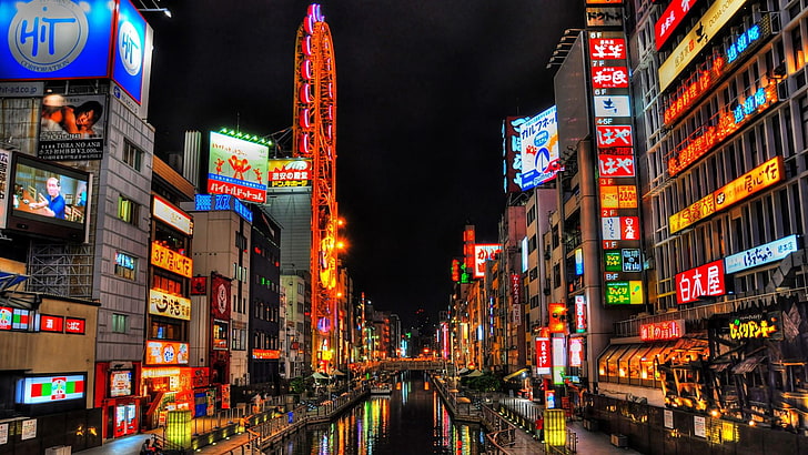 japan, stadt, nacht, lichtschein, fluss, asien, HD-Hintergrundbild