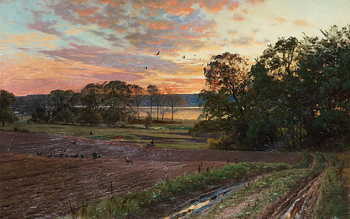 1893, pittore danese, Peter Merk Of Menstad, Peder Mørk Mønsted, pittore realista danese, Paesaggio con sole al tramonto, Paesaggio con sole al tramonto, Sfondo HD HD wallpaper