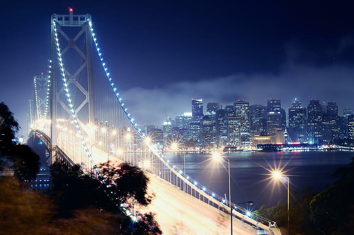 San Francisco Night California Bay Bridge Cities Desktop Backgrounds, roads, backgrounds, bridge, california, cities, desktop, francisco, night, HD wallpaper