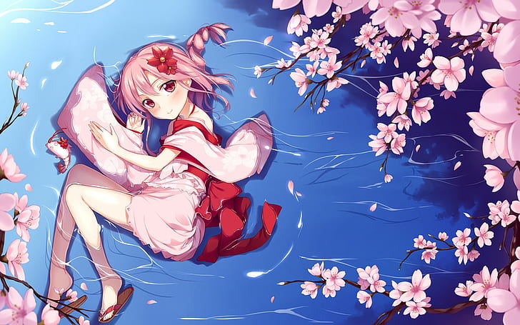 anime, gadis anime, bunga sakura, rambut merah muda, Wallpaper HD
