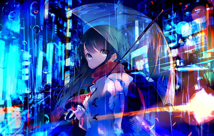 anime girl, cachecol vermelho, guarda-chuva transparente, bolhas, luzes, anime, HD papel de parede