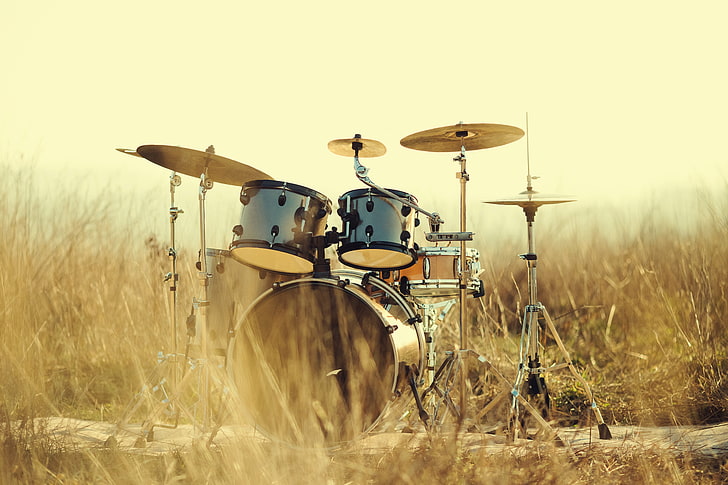 blue and brown drum set, blur, drums, tool, drum, installation, shock, music, bokeh, professional, musical, wallpaper., instrument, drum kit, live sound, play in the fresh air, sound 2, the nature of the summer heat, HD wallpaper