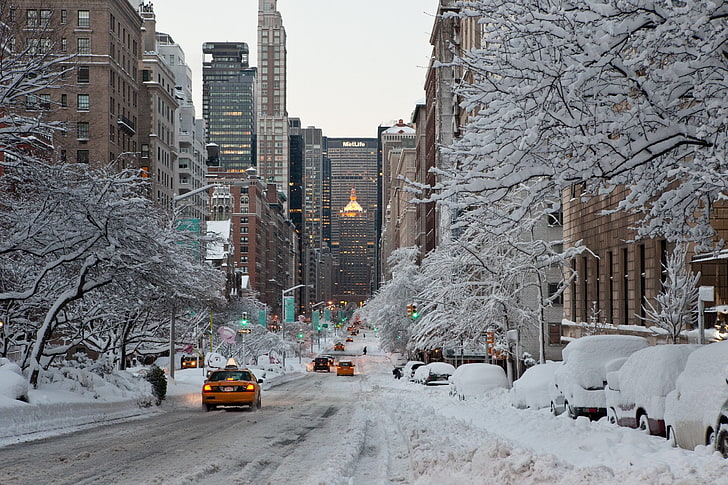 黄色のタクシー、都市、都市、アメリカ、ニューヨーク、冬、New_York、 HDデスクトップの壁紙