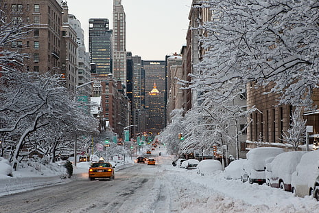 táxi amarelo, cidade, cidade, eua, NYC, inverno, nova iorque, HD papel de parede HD wallpaper