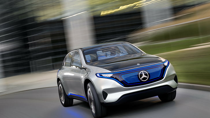 снимка със закъснение на сребърен концептуален автомобил Mercedes-Benz SUV, Mercedes-Benz Concept EQ, електрическа кола, 8k, HD тапет