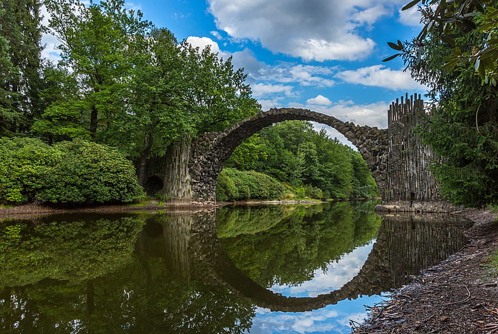 фотография, облака, мост, деревья, вода, река, Германия, каменный арочный мост, HD обои