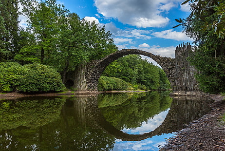фотография, облака, мост, деревья, вода, река, Германия, каменный арочный мост, HD обои HD wallpaper