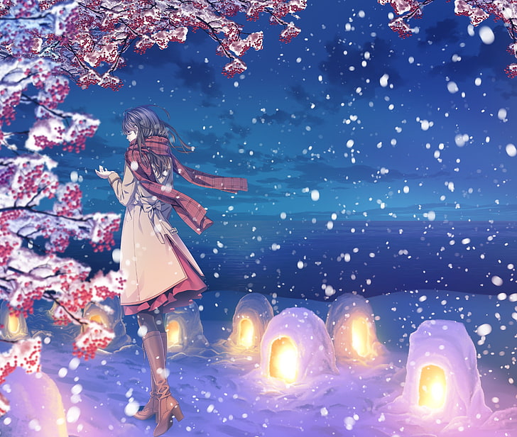 женщина, носящая коричнево-красное мини-платье аниме, иллюстрация персонажа, зима, небо, девушка, облака, снег, природа, аниме, шарф, арт, фонари, юка, HD обои