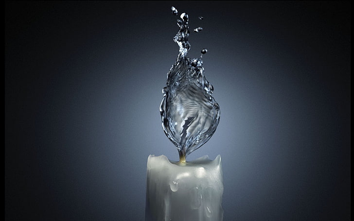 white pillar candle, water, flame, candle, water fire, HD wallpaper
