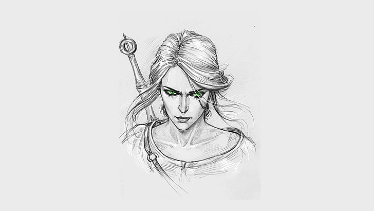 woman with sword sketch, The Witcher 3: Wild Hunt, fan art, The Witcher, green eyes, Cirilla Fiona Elen Riannon, HD wallpaper