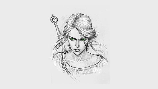 mulher com desenho de espada, The Witcher 3: Wild Hunt, arte dos fãs, The Witcher, olhos verdes, Cirilla Fiona Elen Riannon, HD papel de parede HD wallpaper