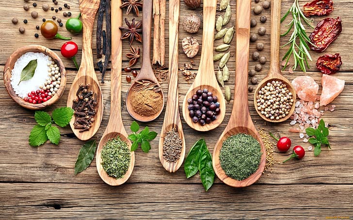 food, wood, spoon, spices, HD wallpaper