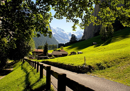 brown concrete house, mountains, the city, Switzerland, Alps, Lauterbrunnen, Jungfrau, Camping Jungfrau, HD wallpaper HD wallpaper