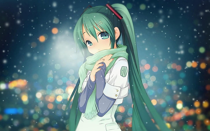зеленые волосы женский персонаж аниме цифровые обои, аниме, аниме девушки, вокалоид, хацунэ мику, боке, HD обои