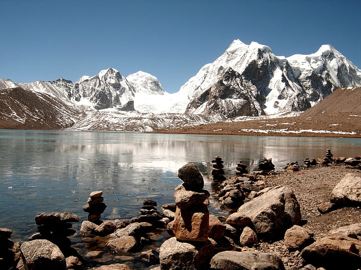 India, Himalayas, lake, ice, rocks, India, Himalayas, Lake, Ice, Rocks, HD wallpaper