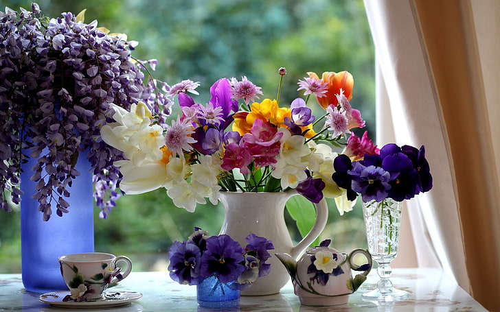 assorted flowers, bouquet, window sill, kettle, composition, HD wallpaper