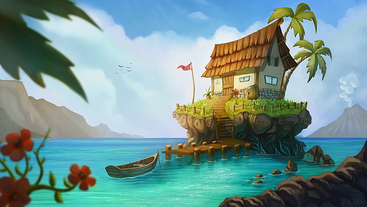biało-brązowy dom na wyspie tapeta, plaża, dom, łódź, wyspa, wulkan, palmy, woda, morze, flaga, czerwone kwiaty, sztuka cyfrowa, Tapety HD