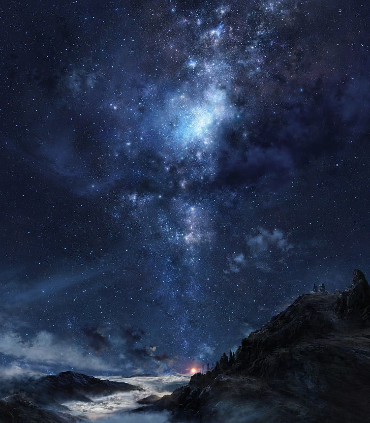 bintang dan bima sakti, bintang, galaksi, awan, langit, nebula, gunung, malam, Wallpaper HD, wallpaper seluler