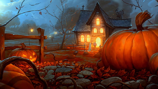 calabazas, casa, encantada, halloween, Fondo de pantalla HD HD wallpaper