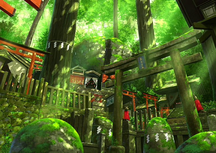 Anime, Orijinal, Yeşillik, Merdiven, Tapınak, HD masaüstü duvar kağıdı