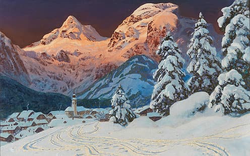 Alois Arnegger, peintre autrichien, peintre paysagiste autrichien, huile sur toile, hiver à Lofer, hiver sur le Lofer, Fond d'écran HD HD wallpaper