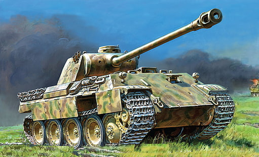 ilustração do tanque de guerra verde, figura, arte, pantera, tanque, segunda guerra mundial, alemão, média, Pz.Kpfw.Em Panther, Verma, HD papel de parede HD wallpaper