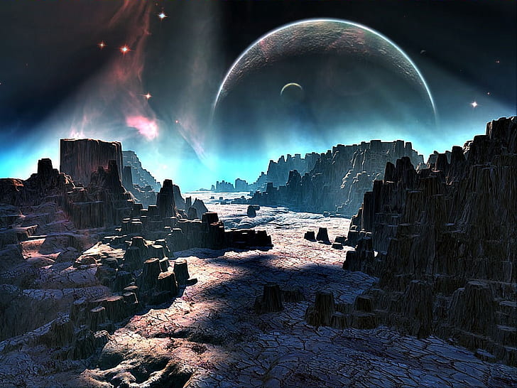 mundo alienígena da nebulosa da lua Space Planets HD Art, lua, planeta, estrelas, nebulosa, formações rochosas, sombras, HD papel de parede