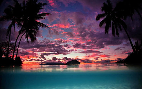 palmiers peinture, paysage, nature, Tahiti, coucher de soleil, palmiers, île, plage, mer, tropical, ciel, nuages, turquoise, eau, Fond d'écran HD HD wallpaper