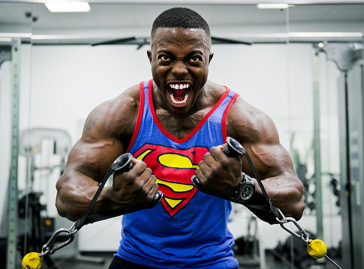 A camisola de alças azul e vermelha do Superman dos homens, bodybuilder, atleta, impulso, bodybuilding, HD papel de parede