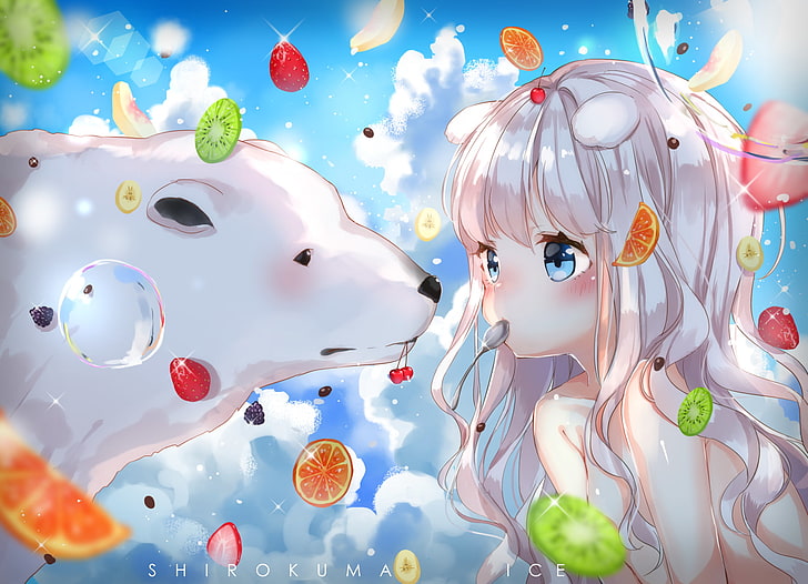 anime girl, loli, fruits, eating, white hair, Anime, HD wallpaper