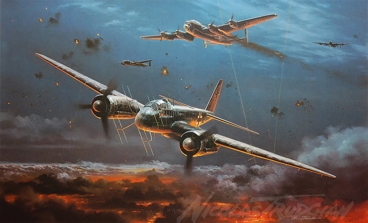 two airplane wallpaper, the plane, painting, Junkers, WW2, aircraft art, Ju 88G, Night Fighter, HD wallpaper