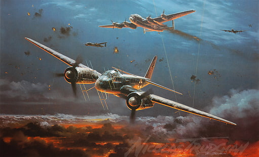 two airplane wallpaper, the plane, painting, Junkers, WW2, aircraft art, Ju 88G, Night Fighter, HD wallpaper HD wallpaper