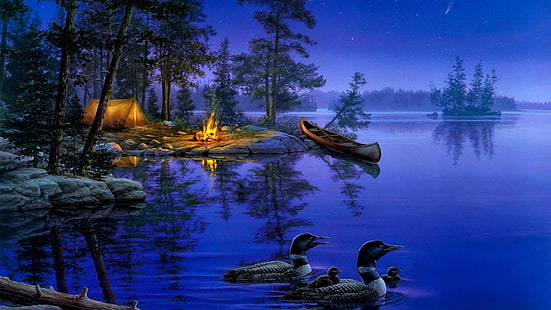 båt, natt, lägereld, lägereld, tält, skog, kanot, bank, kväll, reflektion, flod, himmel, konst, målningskonst, vildmark, träd, natur, vatten, HD tapet HD wallpaper