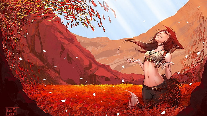 рыжеволосая женщина иллюстрация, аниме девушки, аниме, произведение искусства, фэнтези арт, 2014 (год), природа, фэнтези девушка, HD обои