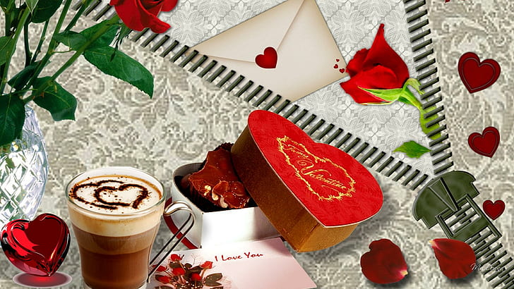 Coffee For Valentines Day, gifts, romantic, box of candy, envelope, cafe, letter, chocolate, cappuccino, hearts, red roses, HD wallpaper