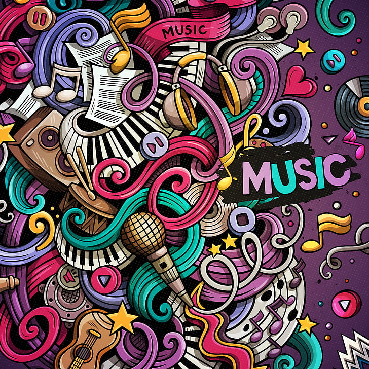 kolaż instrumentów w różnych kolorach, muzyka, gryzmoły, kolorowe, instrumenty muzyczne, wzory, Tapety HD