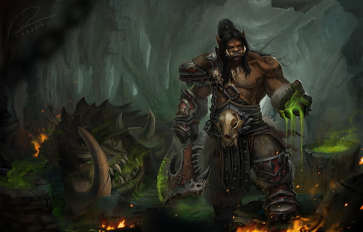 the game, fantasy, art, World of Warcraft, Orc, Grommash Hellscream, Tien Can, HD wallpaper