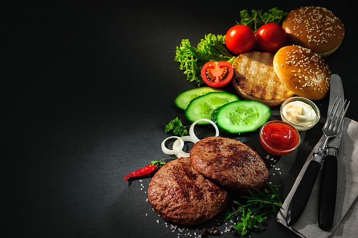 food, meat, vegetables, burger, tomatoes, salad, HD wallpaper