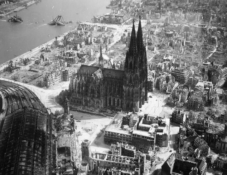struktur beton, Perang Dunia II, Katedral Cologne, vintage, kehancuran, monokrom, Wallpaper HD
