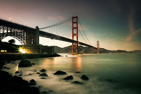 Jembatan Golden Gate selama jam emas, I Heard, jam emas, California, Jembatan Golden Gate, San Francisco, AS, Amerika Serikat, matahari terbenam, Tempat terkenal, jembatan - Struktur Buatan Manusia, arsitektur, lanskap kota, kaki langit kota, malam, penangguhanBridge, New York City, senja, Scene urban, langit, Struktur yang dibangun, Wallpaper HD HD wallpaper