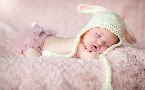 Bebek bebek yüz, bebeğin beyaz örgü havacı şapka, bebek, bebek, yüz, tatlı, çocuk, HD masaüstü duvar kağıdı HD wallpaper