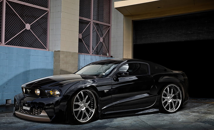 black Ford Mustang GT coupe, black, Mustang, Ford, garage, HD wallpaper
