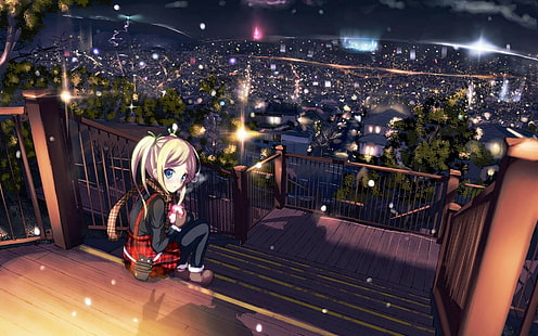 Anime Girls, City, Night, View, Lights, anime girls, miasto, noc, widok, światła, 1920x1200, Tapety HD HD wallpaper
