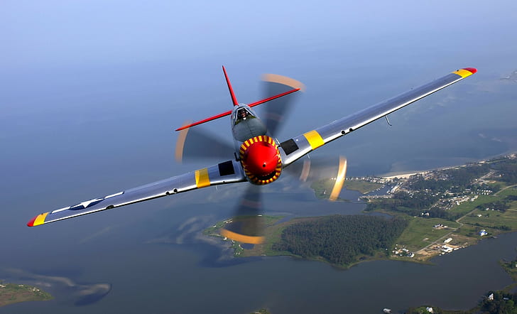 nature aerial view airplane men pilot face helmet wings north american p 51 mustang flying propeller motion blur sea trees forest house aviator, HD wallpaper