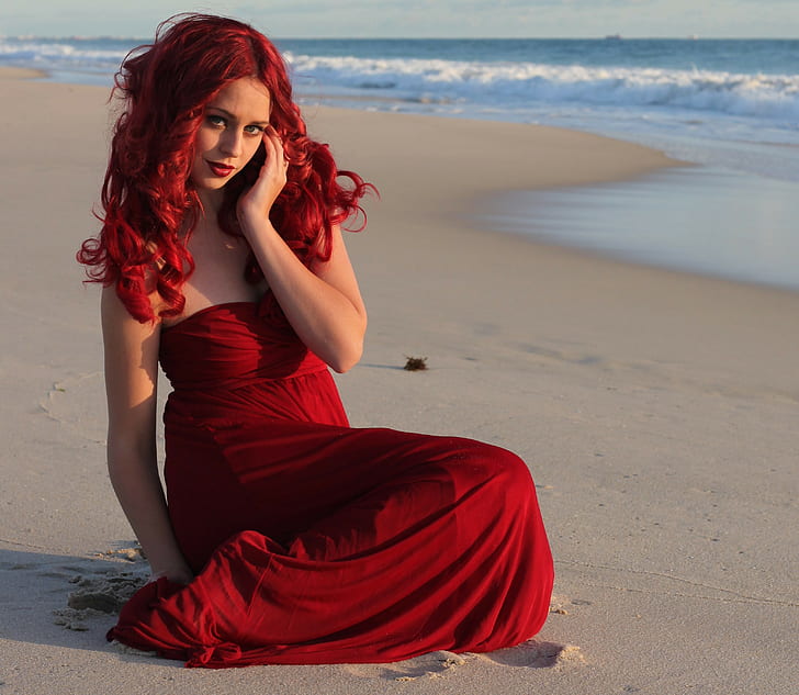 dress, women outdoors, model, women, beach, redhead, HD wallpaper
